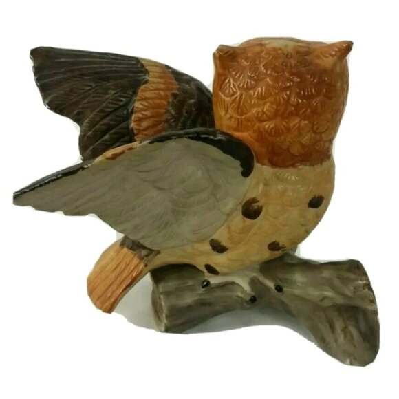 Porcelain Spotted Owl Figurine on Branch Bisque Brown White Wings Out Vintage 5" - Picture 2 of 9